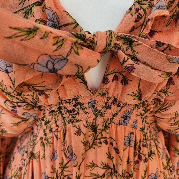 Free People Pink Floral Summer Mini Dress Ruffle Tie Cute Medium - Picture 5 of 16